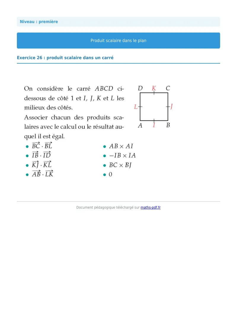 Produit scalaire dans le plan : exercice n°26 de maths en première corrigé en PDF