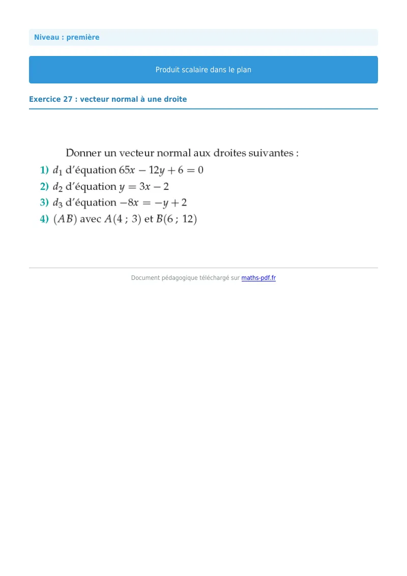 Produit scalaire dans le plan : exercice n°27 de maths en première corrigé en PDF