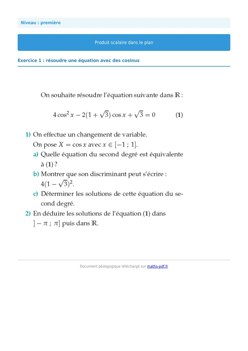 Produit scalaire dans le plan : exercice n°1 de maths en première corrigé en PDF