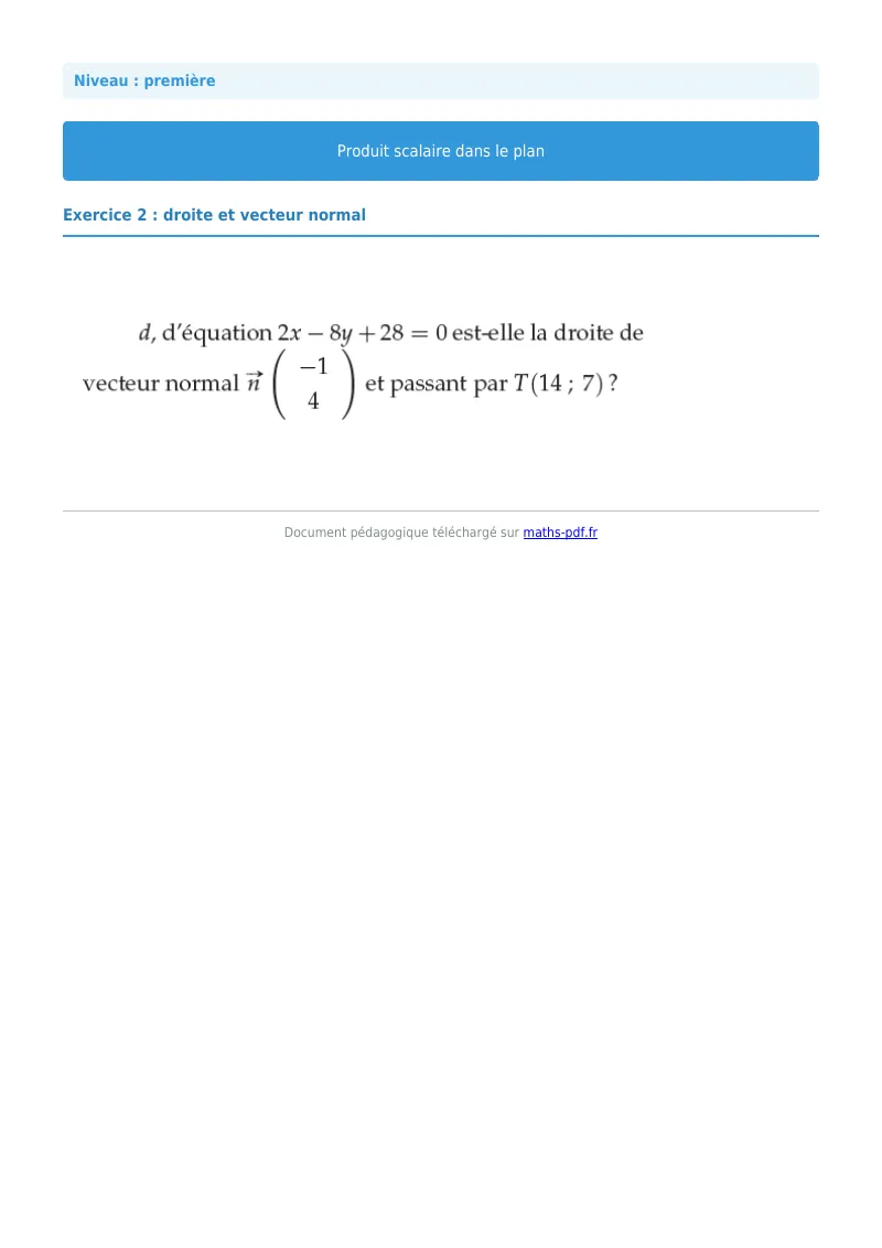 Produit scalaire dans le plan : exercice n°2 de maths en première corrigé en PDF