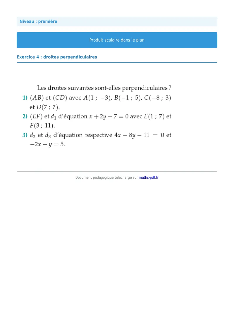Produit scalaire dans le plan : exercice n°4 de maths en première corrigé en PDF