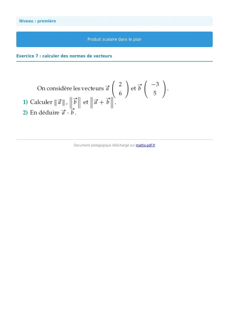 Produit scalaire dans le plan : exercice n°7 de maths en première corrigé en PDF