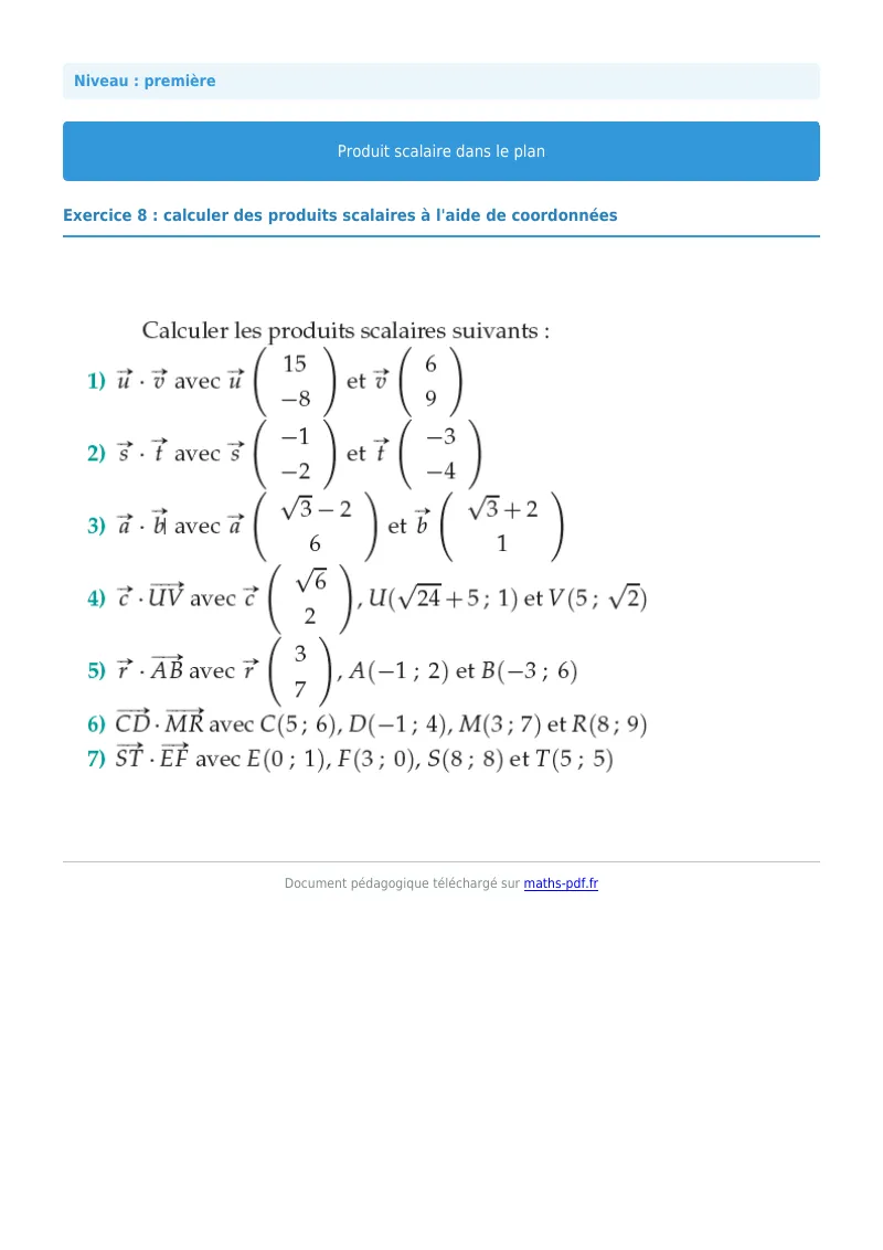 Produit scalaire dans le plan : exercice n°8 de maths en première corrigé en PDF