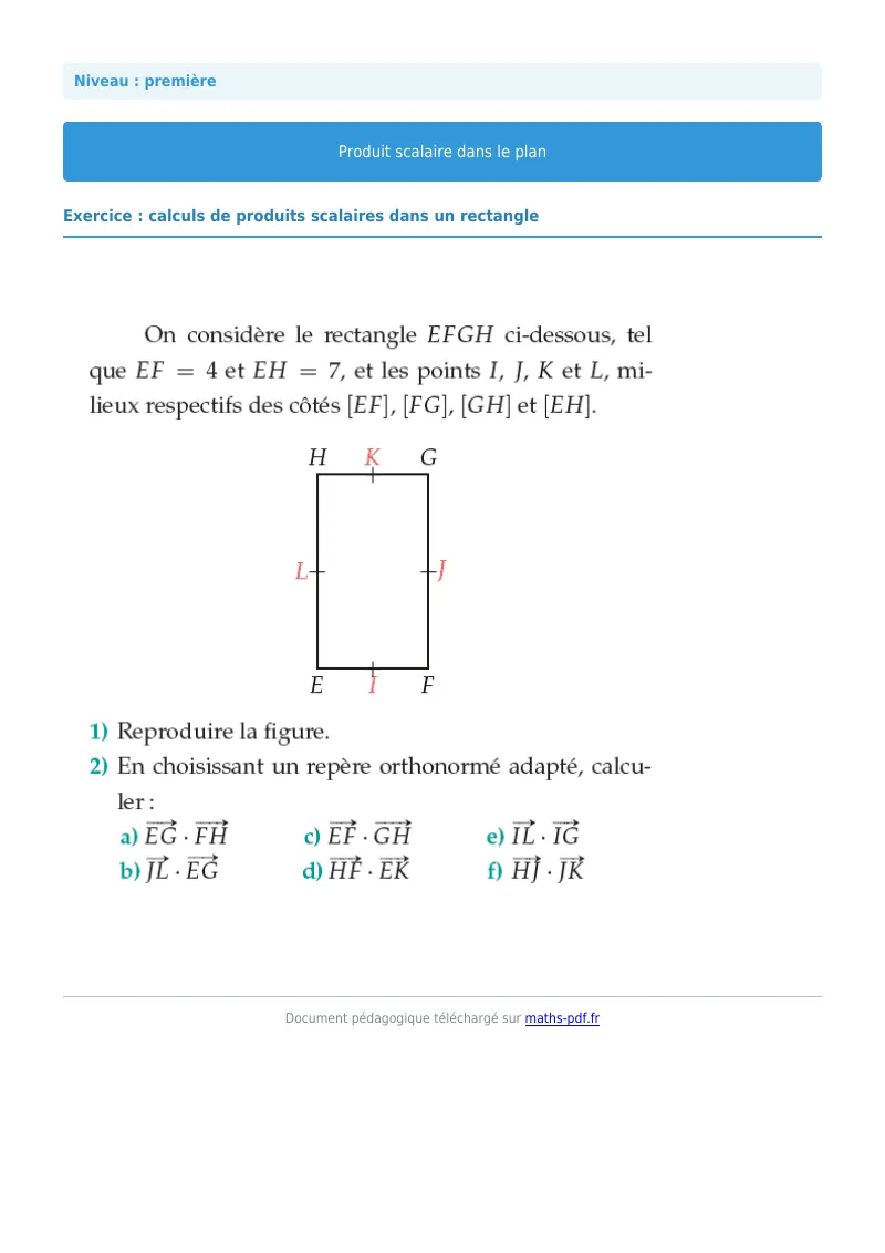 Produit scalaire dans le plan : exercice n°11 de maths en première corrigé en PDF
