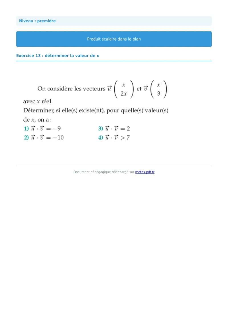 Produit scalaire dans le plan : exercice n°13 de maths en première corrigé en PDF