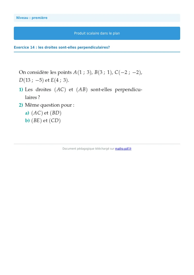 Produit scalaire dans le plan : exercice n°14 de maths en première corrigé en PDF