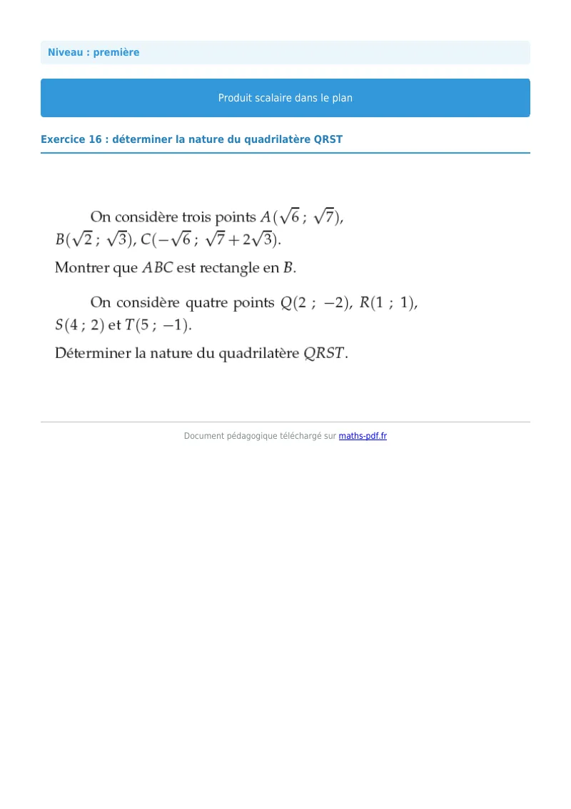 Produit scalaire dans le plan : exercice n°16 de maths en première corrigé en PDF
