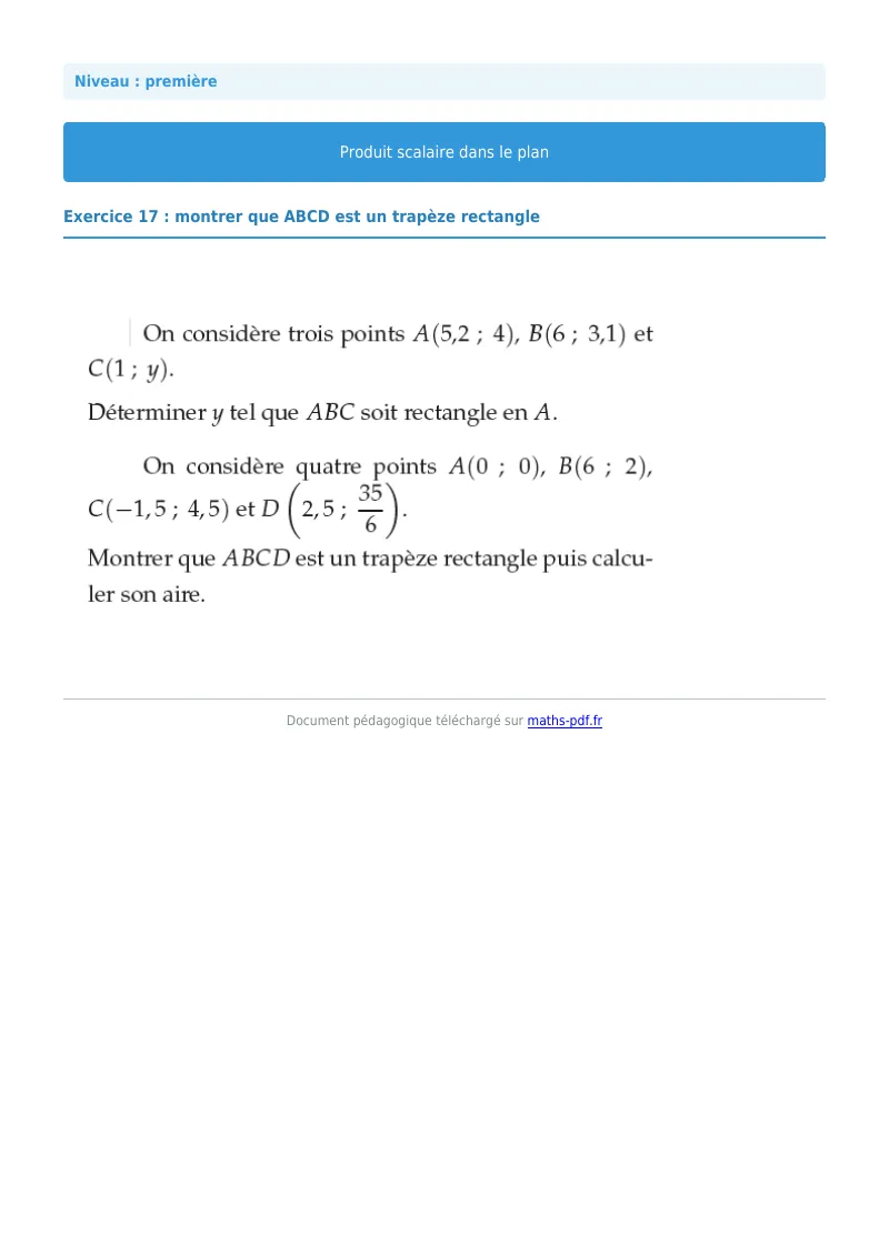 Produit scalaire dans le plan : exercice n°17 de maths en première corrigé en PDF
