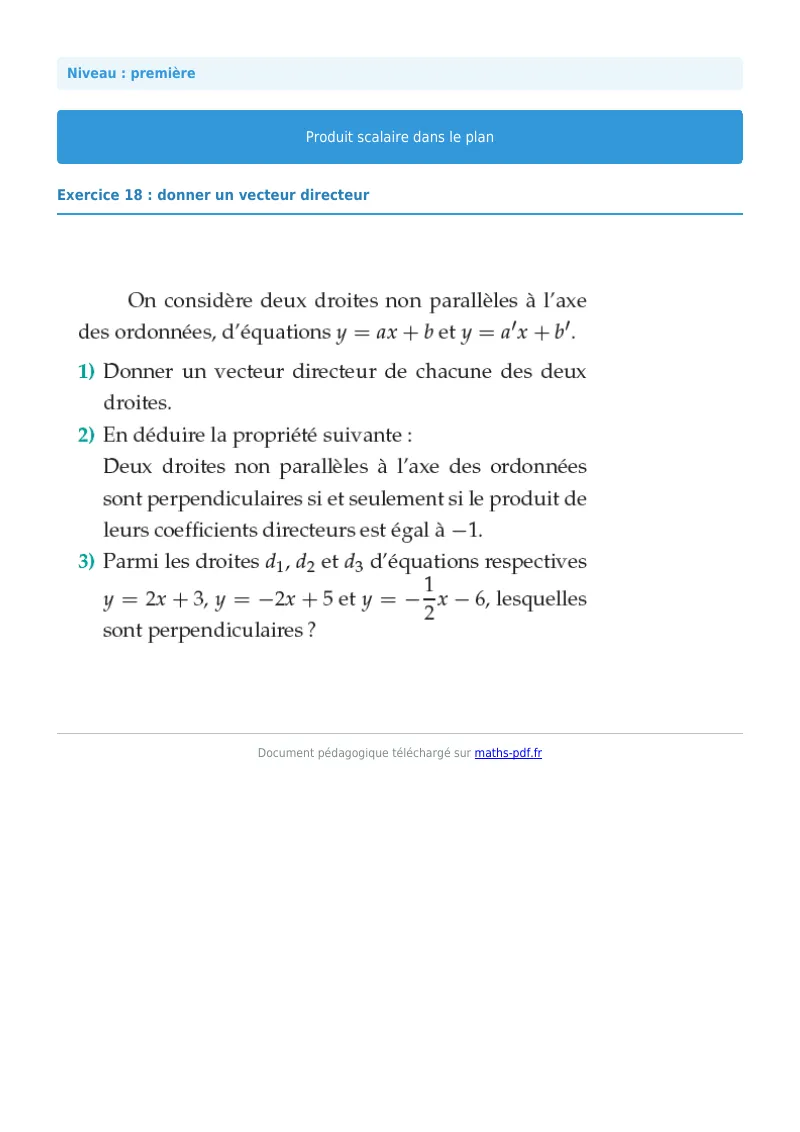 Produit scalaire dans le plan : exercice n°18 de maths en première corrigé en PDF