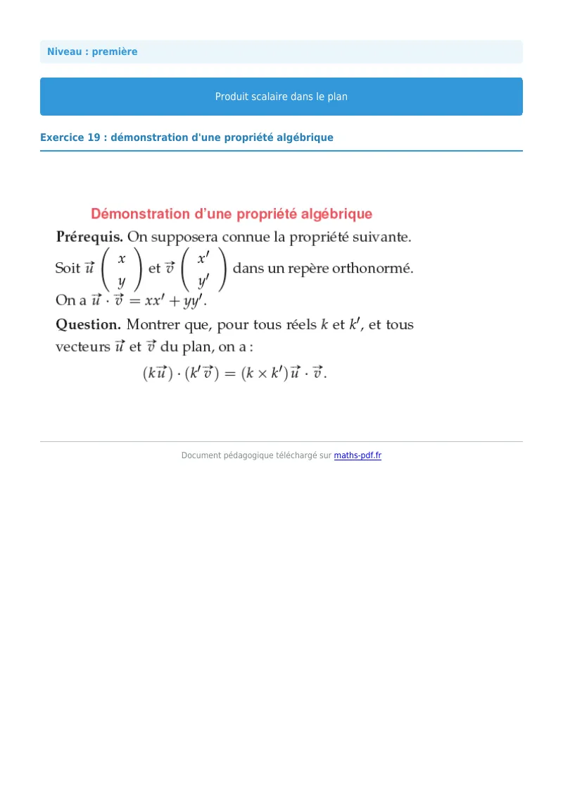 Produit scalaire dans le plan : exercice n°19 de maths en première corrigé en PDF