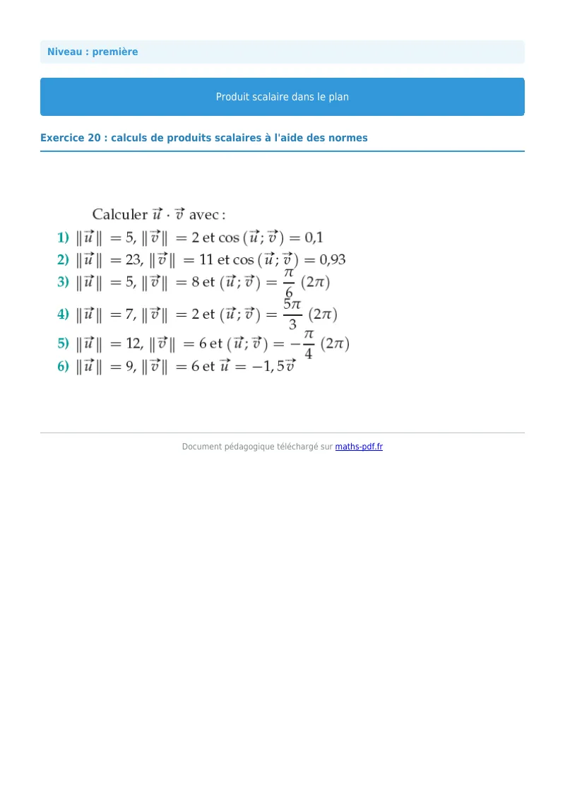 Produit scalaire dans le plan : exercice n°20 de maths en première corrigé en PDF