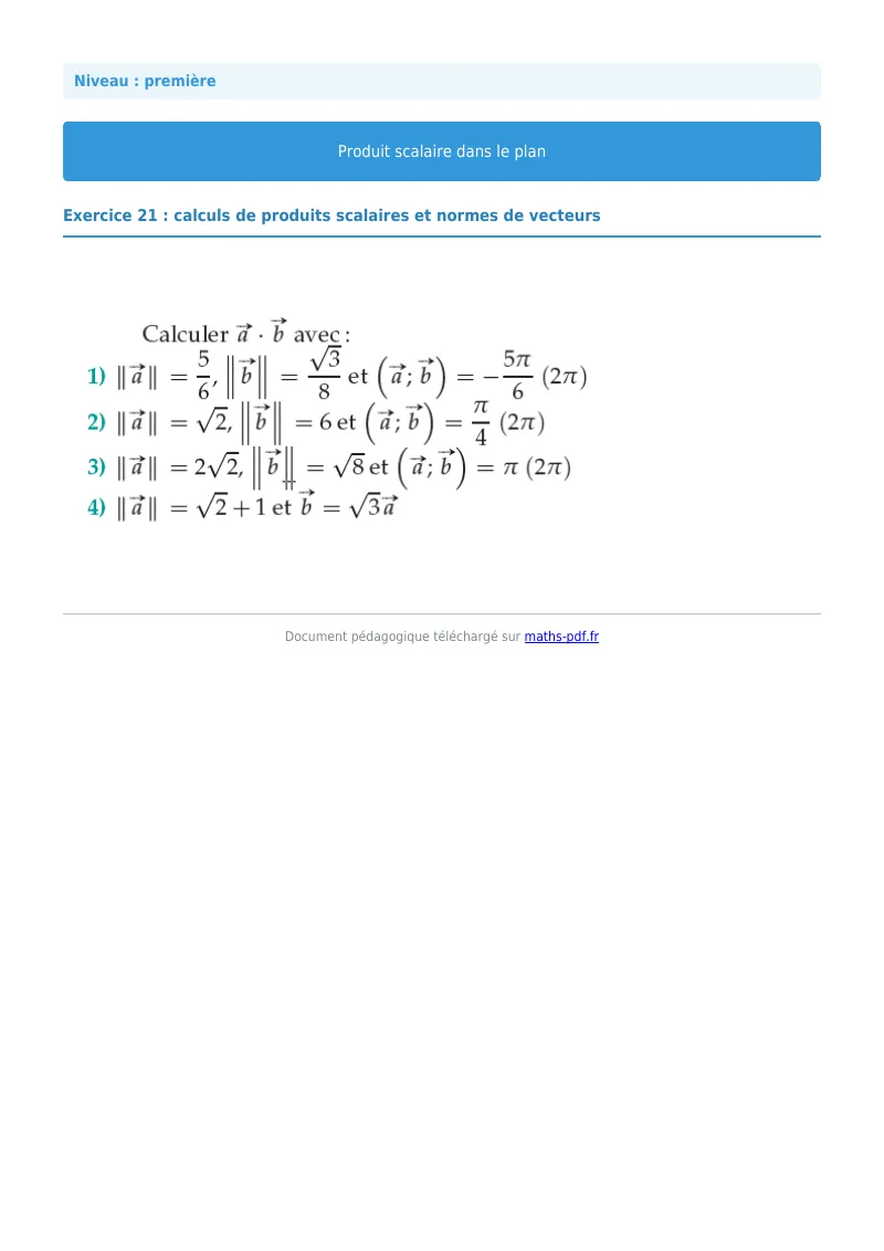 Produit scalaire dans le plan : exercice n°21 de maths en première corrigé en PDF