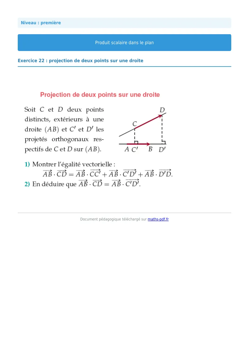 Produit scalaire dans le plan : exercice n°22 de maths en première corrigé en PDF