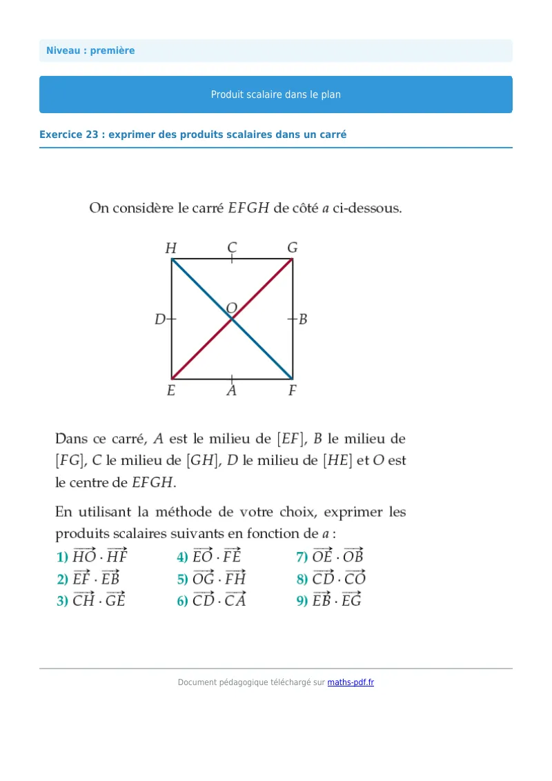 Produit scalaire dans le plan : exercice n°23 de maths en première corrigé en PDF