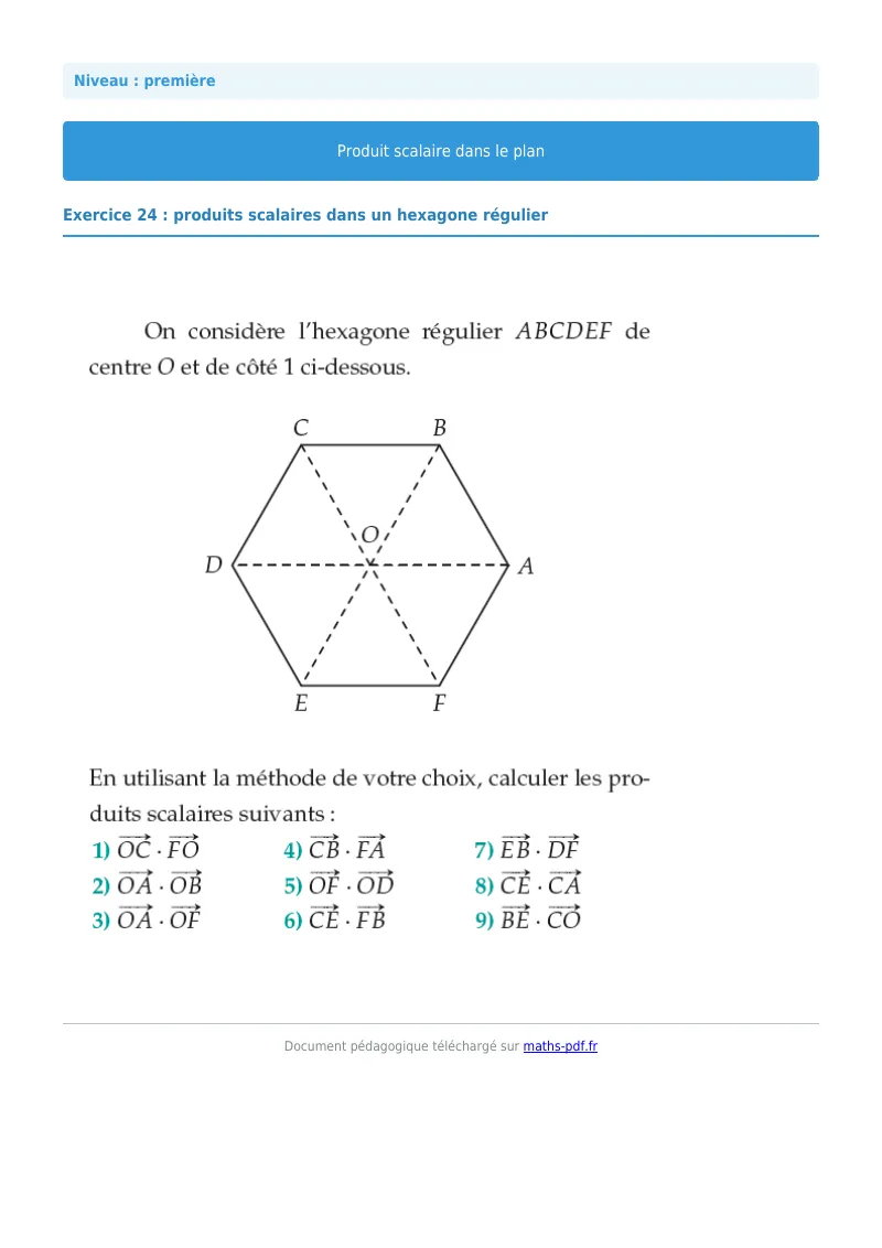 Produit scalaire dans le plan : exercice n°24 de maths en première corrigé en PDF