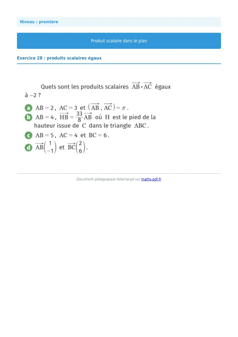 Produit scalaire dans le plan : exercice n°28 de maths en première corrigé en PDF