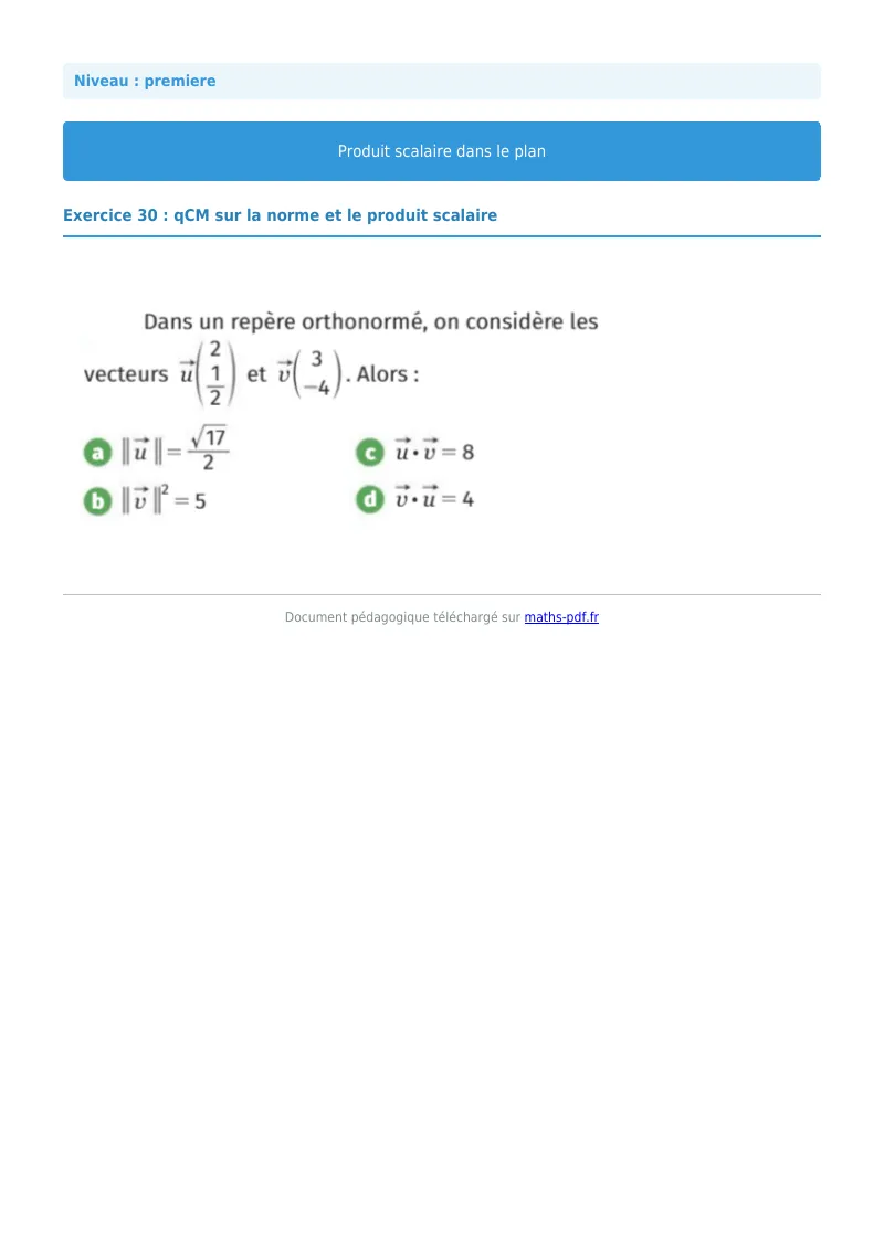 Produit scalaire dans le plan : exercice n°30 de maths en première corrigé en PDF