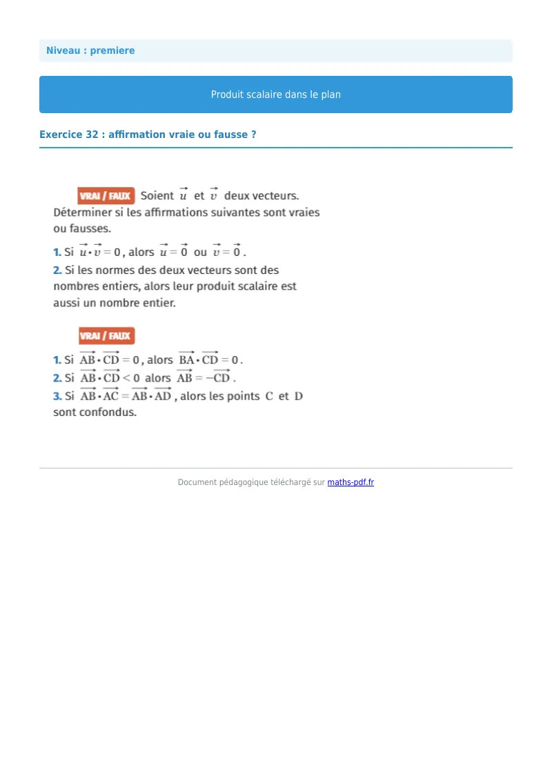 Produit scalaire dans le plan : exercice n°32 de maths en première corrigé en PDF