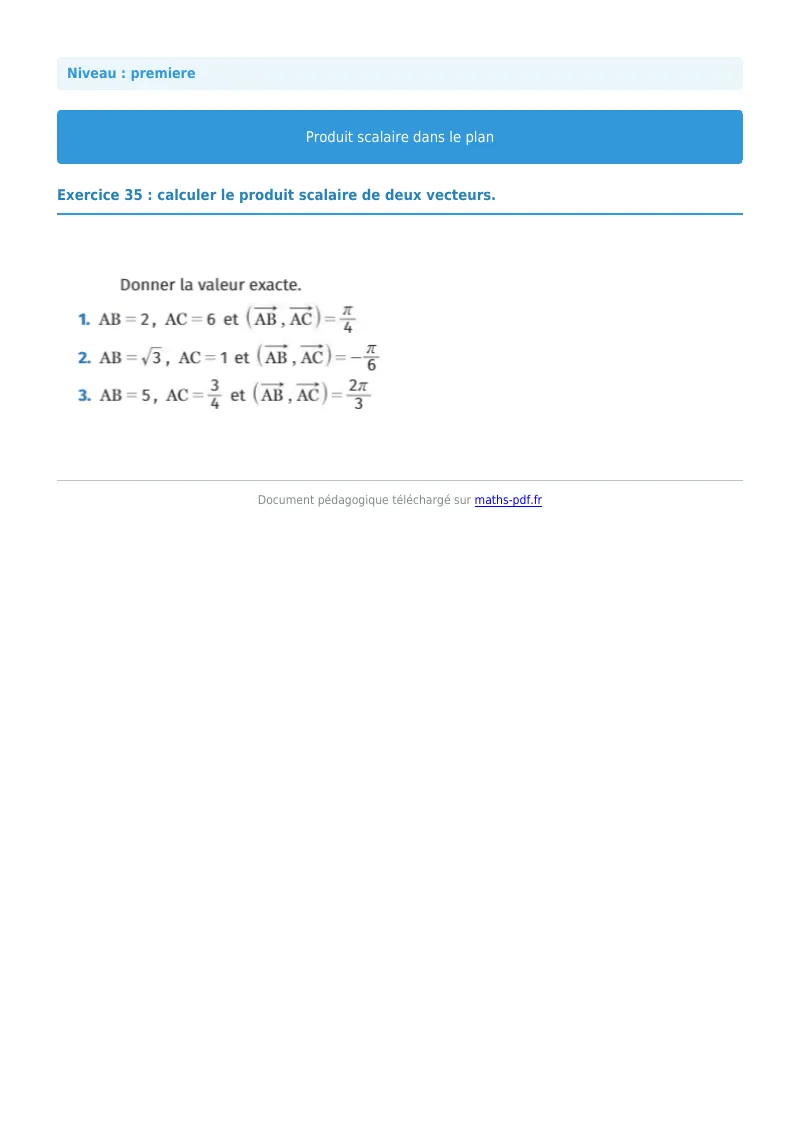 Produit scalaire dans le plan : exercice n°35 de maths en première corrigé en PDF