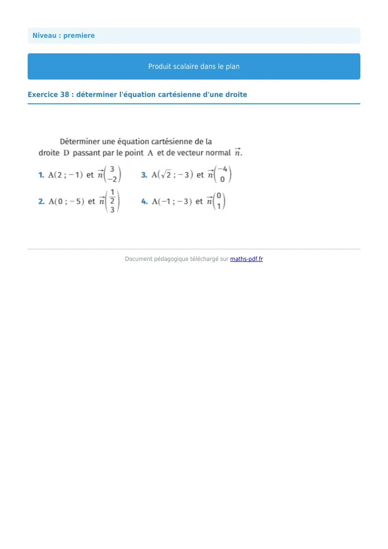 Produit scalaire dans le plan : exercice n°38 de maths en première corrigé en PDF