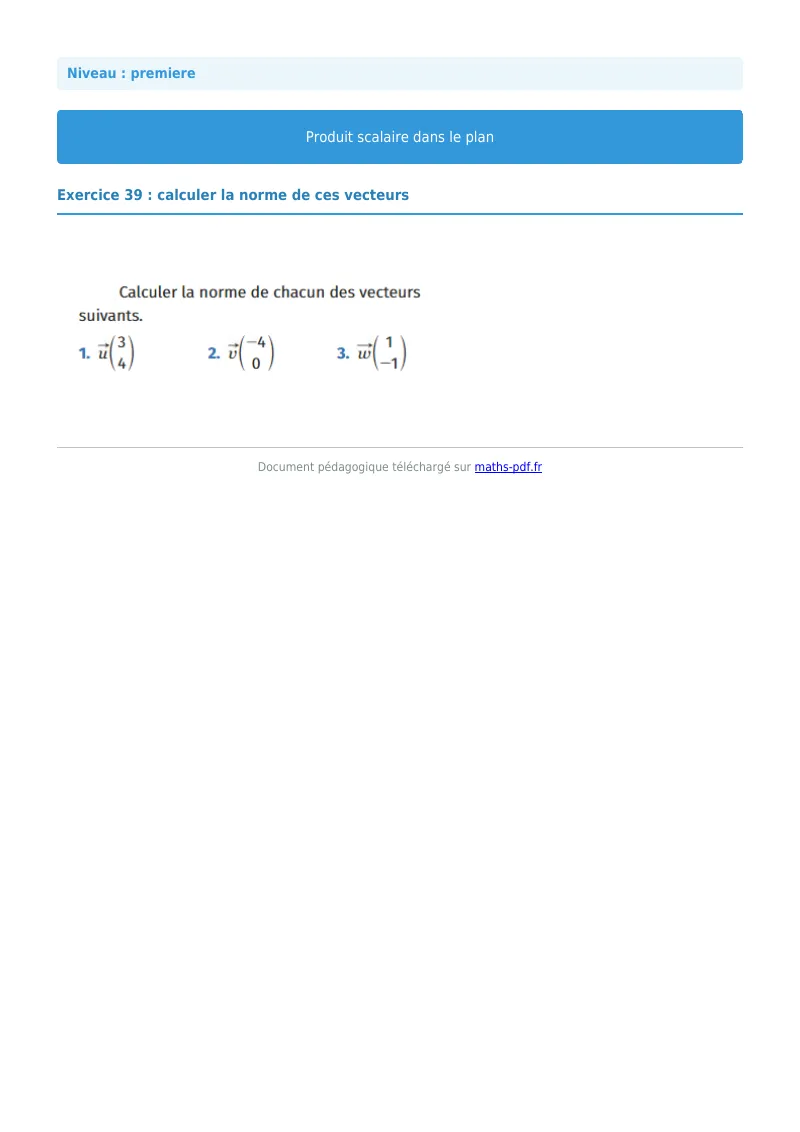 Produit scalaire dans le plan : exercice n°39 de maths en première corrigé en PDF