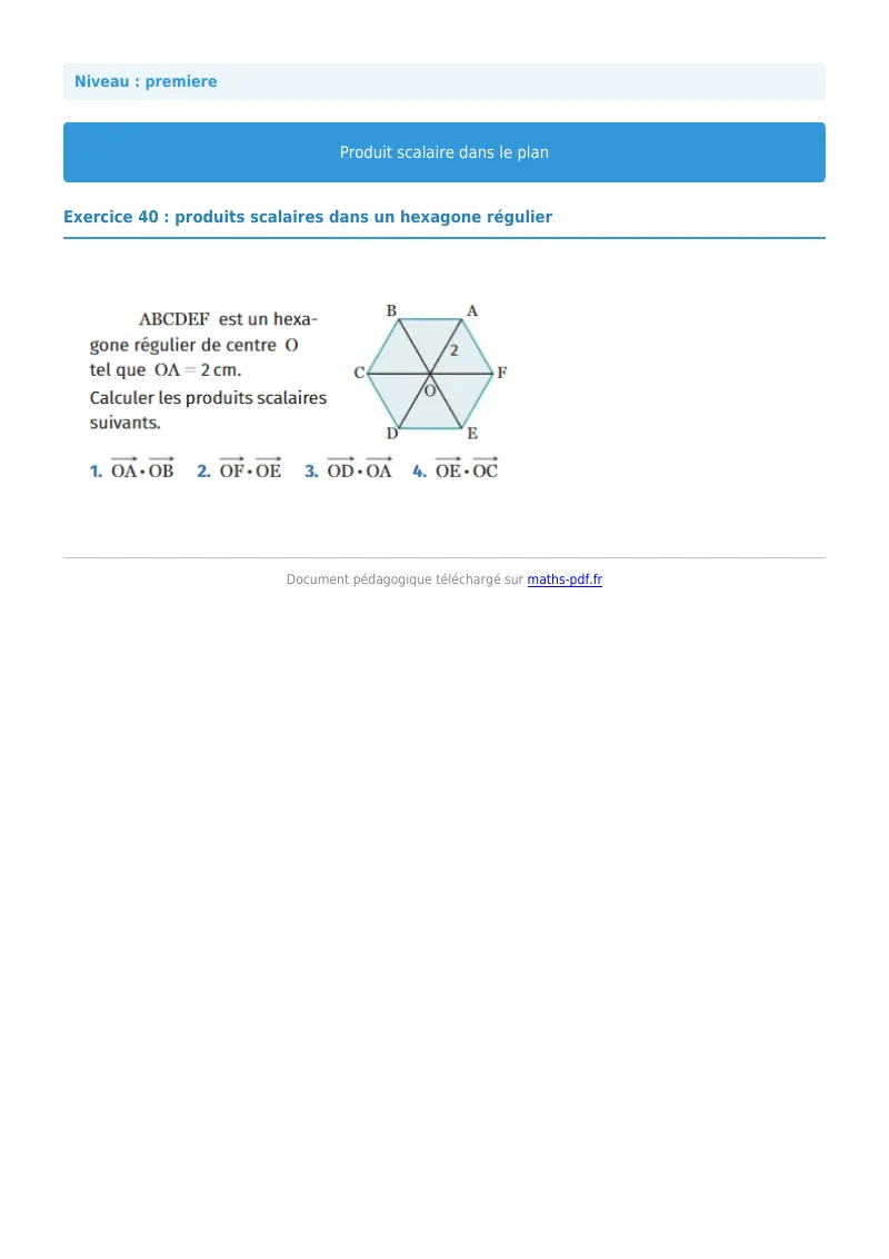 Produit scalaire dans le plan : exercice n°40 de maths en première corrigé en PDF