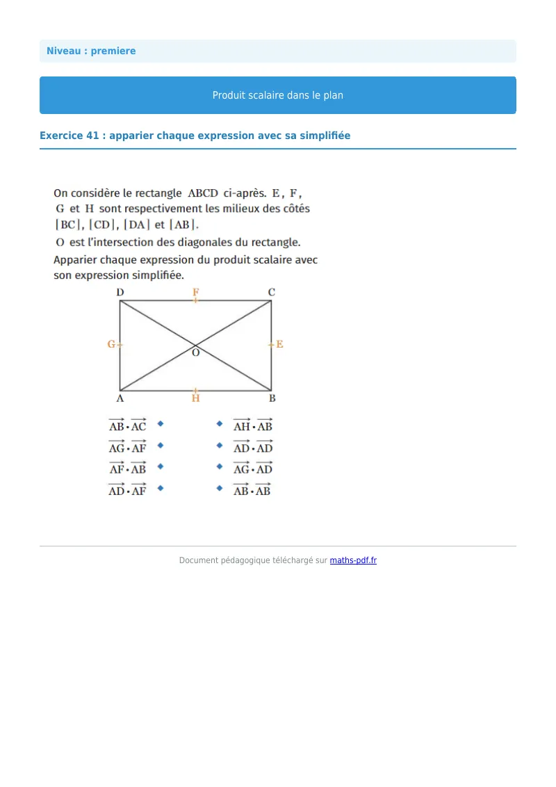 Produit scalaire dans le plan : exercice n°41 de maths en première corrigé en PDF