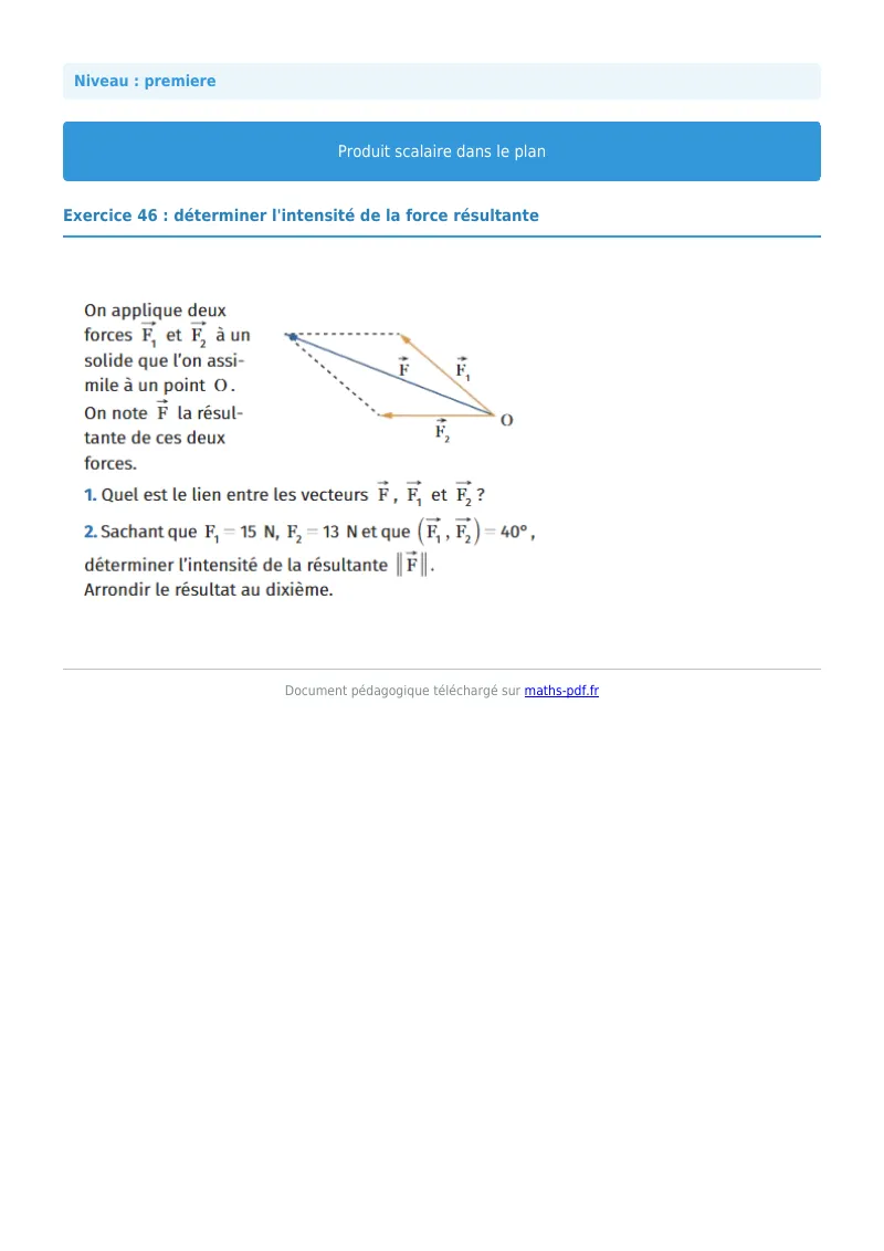 Produit scalaire dans le plan : exercice n°46 de maths en première corrigé en PDF
