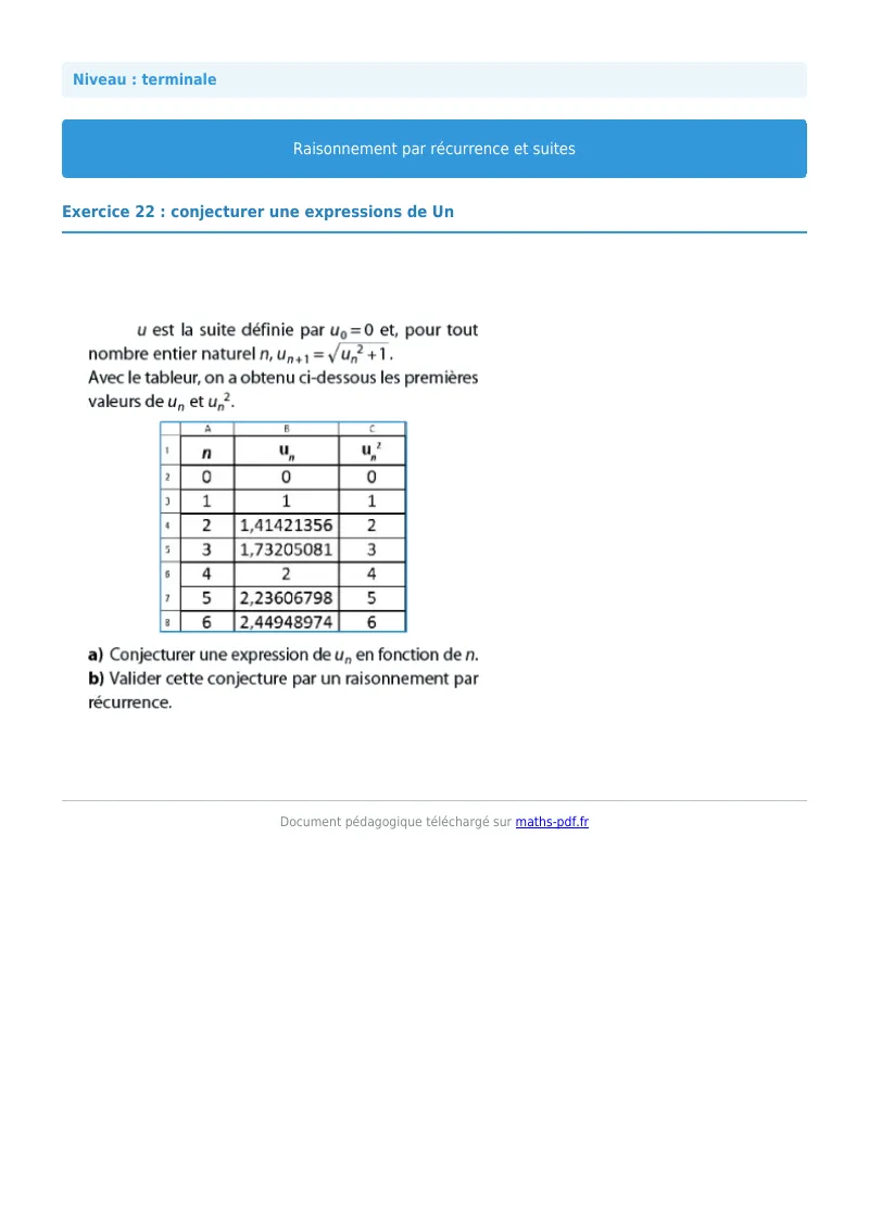 Raisonnement par récurrence : exercice n°22 de maths en terminale corrigé en PDF