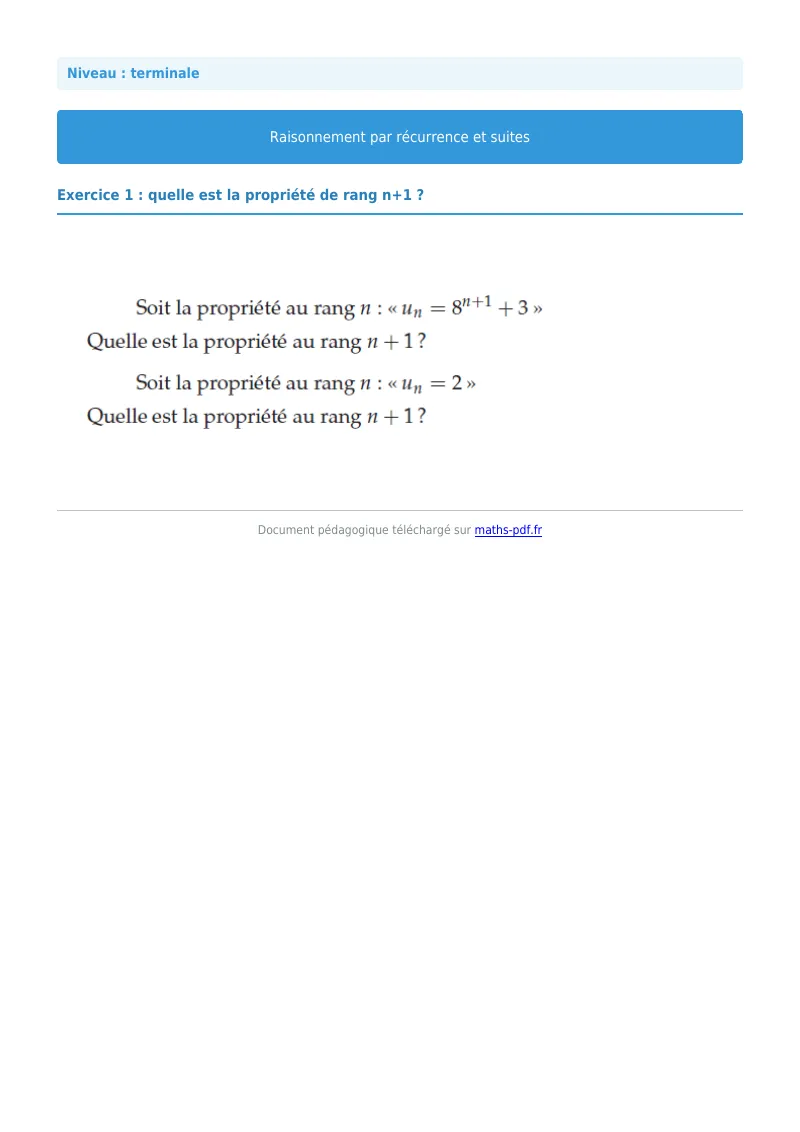 Raisonnement par récurrence : exercice n°1 de maths en terminale corrigé en PDF