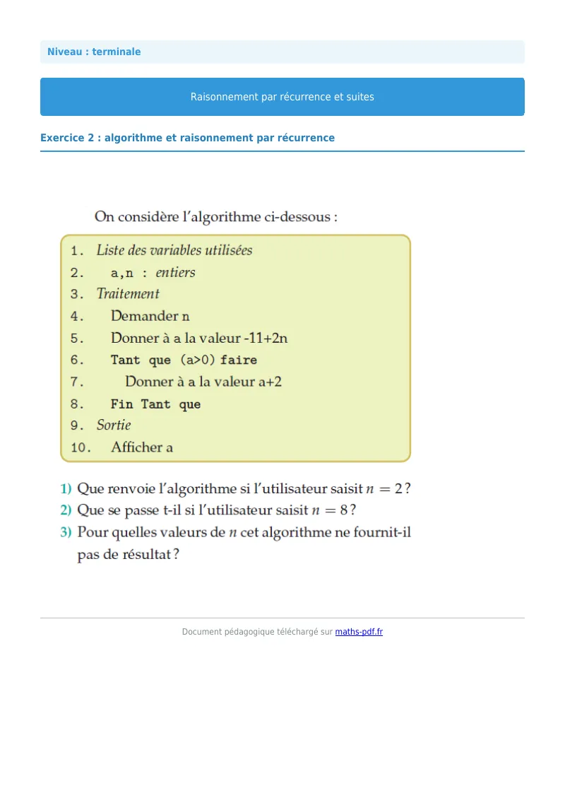 Raisonnement par récurrence : exercice n°2 de maths en terminale corrigé en PDF