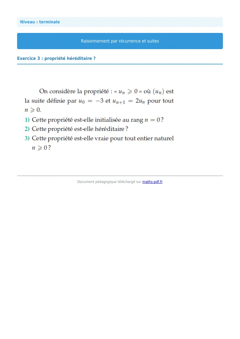 Raisonnement par récurrence : exercice n°3 de maths en terminale corrigé en PDF