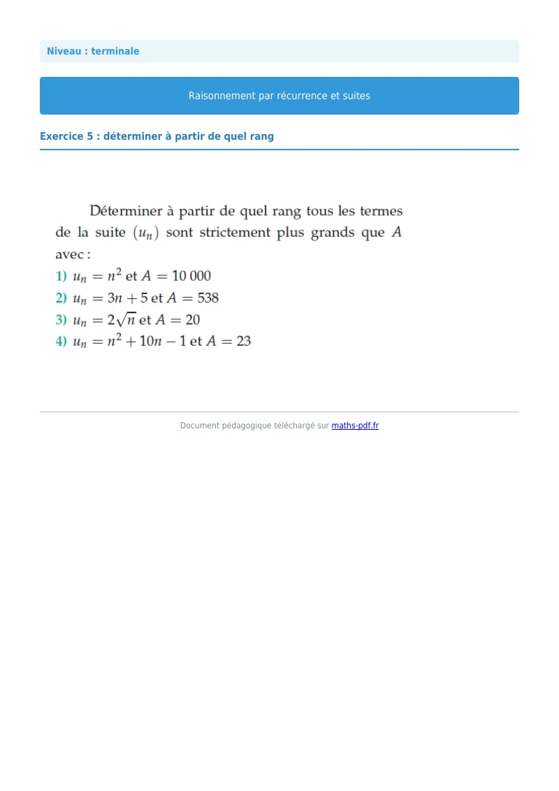 Raisonnement par récurrence : exercice n°5 de maths en terminale corrigé en PDF