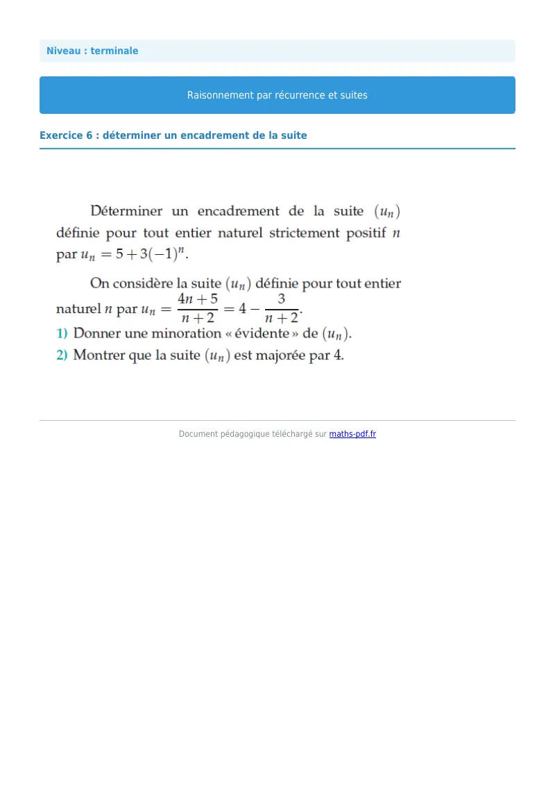 Raisonnement par récurrence : exercice n°6 de maths en terminale corrigé en PDF
