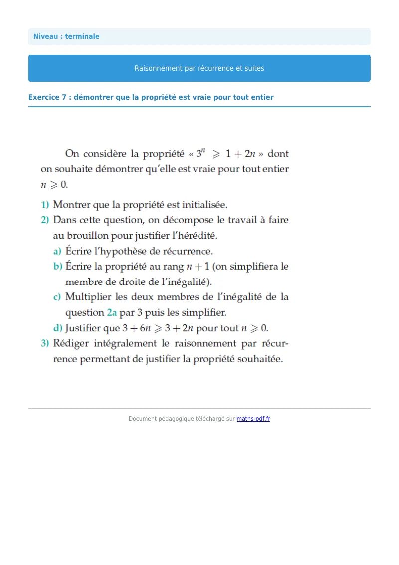 Raisonnement par récurrence : exercice n°7 de maths en terminale corrigé en PDF