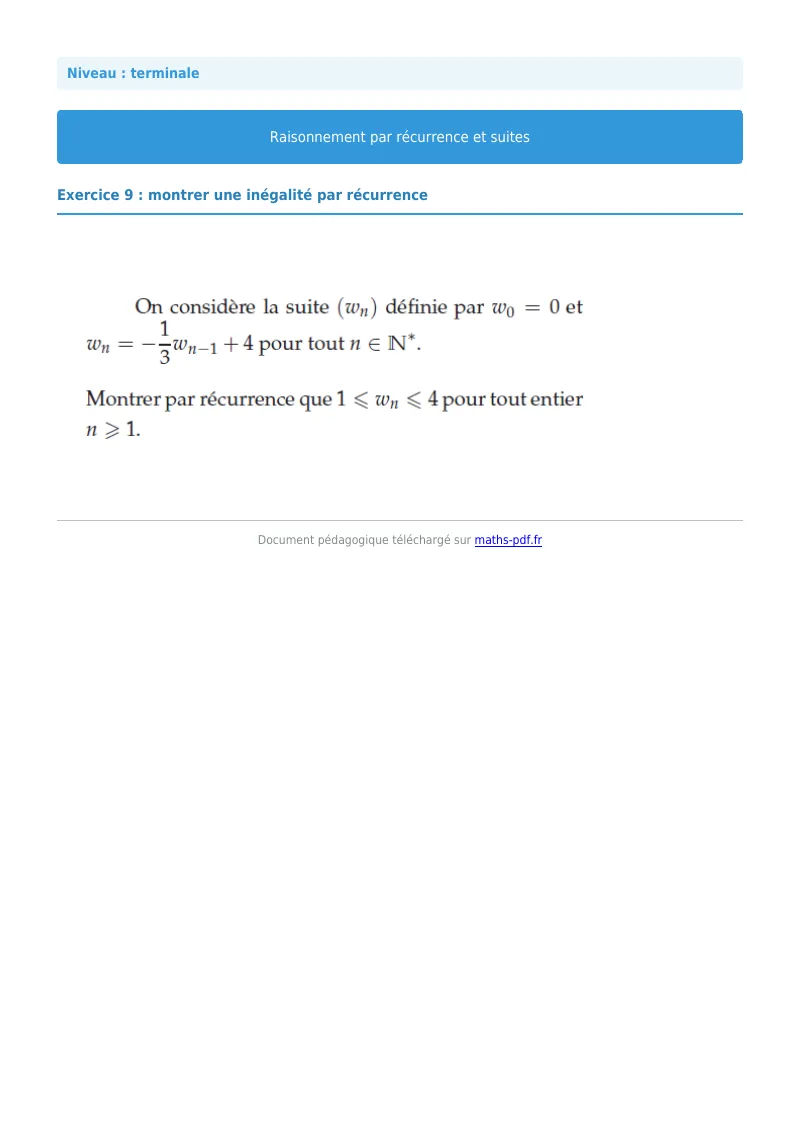 Raisonnement par récurrence : exercice n°9 de maths en terminale corrigé en PDF