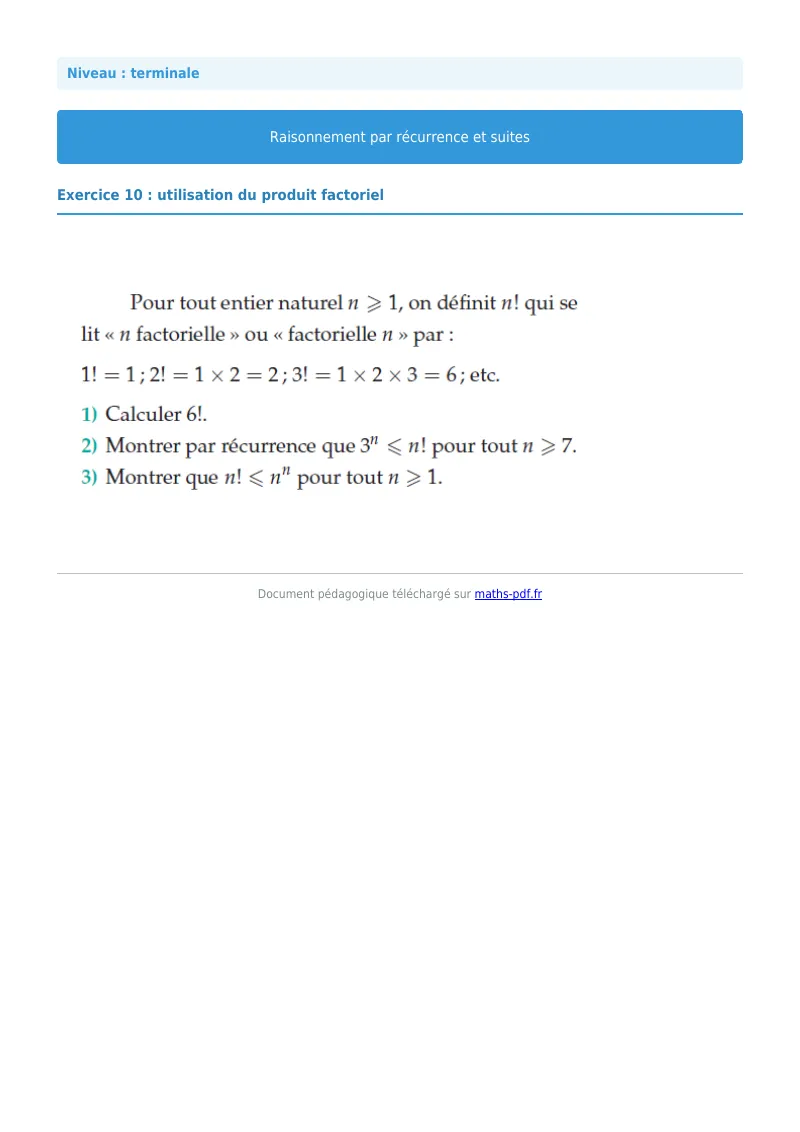 Raisonnement par récurrence : exercice n°10 de maths en terminale corrigé en PDF