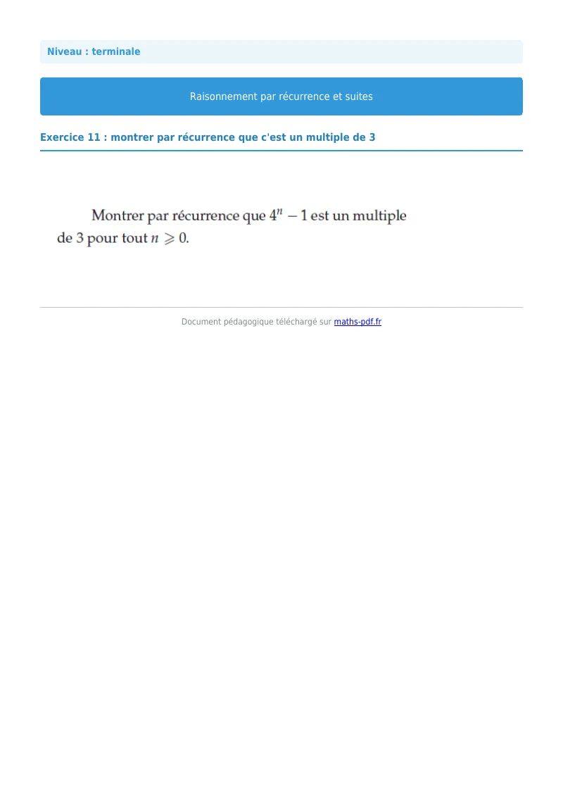 Raisonnement par récurrence : exercice n°11 de maths en terminale corrigé en PDF