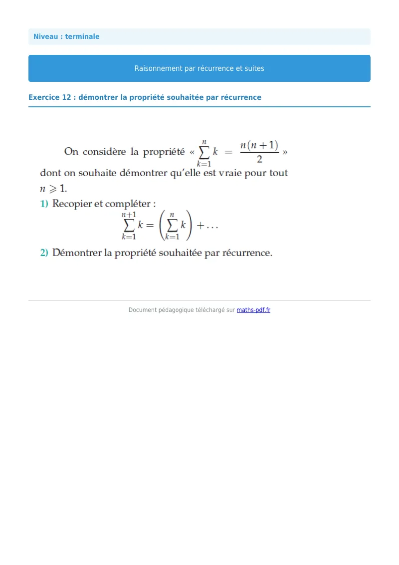 Raisonnement par récurrence : exercice n°12 de maths en terminale corrigé en PDF