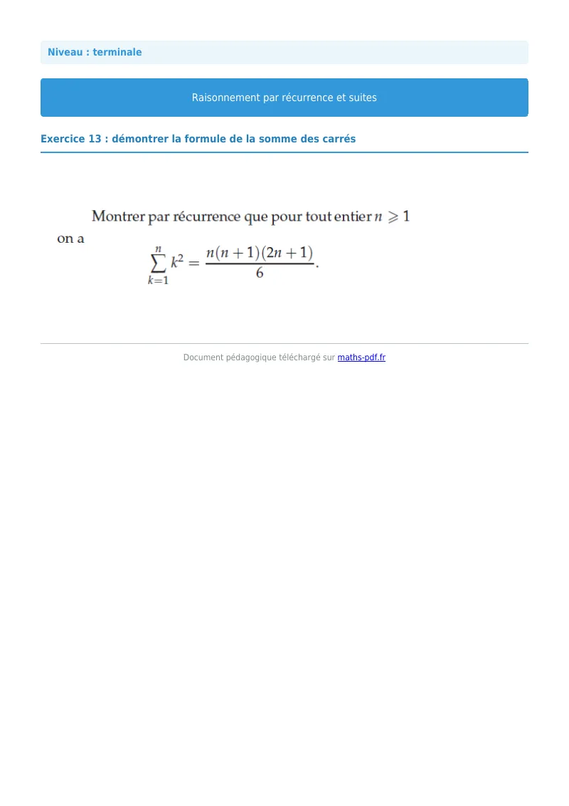 Raisonnement par récurrence : exercice n°13 de maths en terminale corrigé en PDF