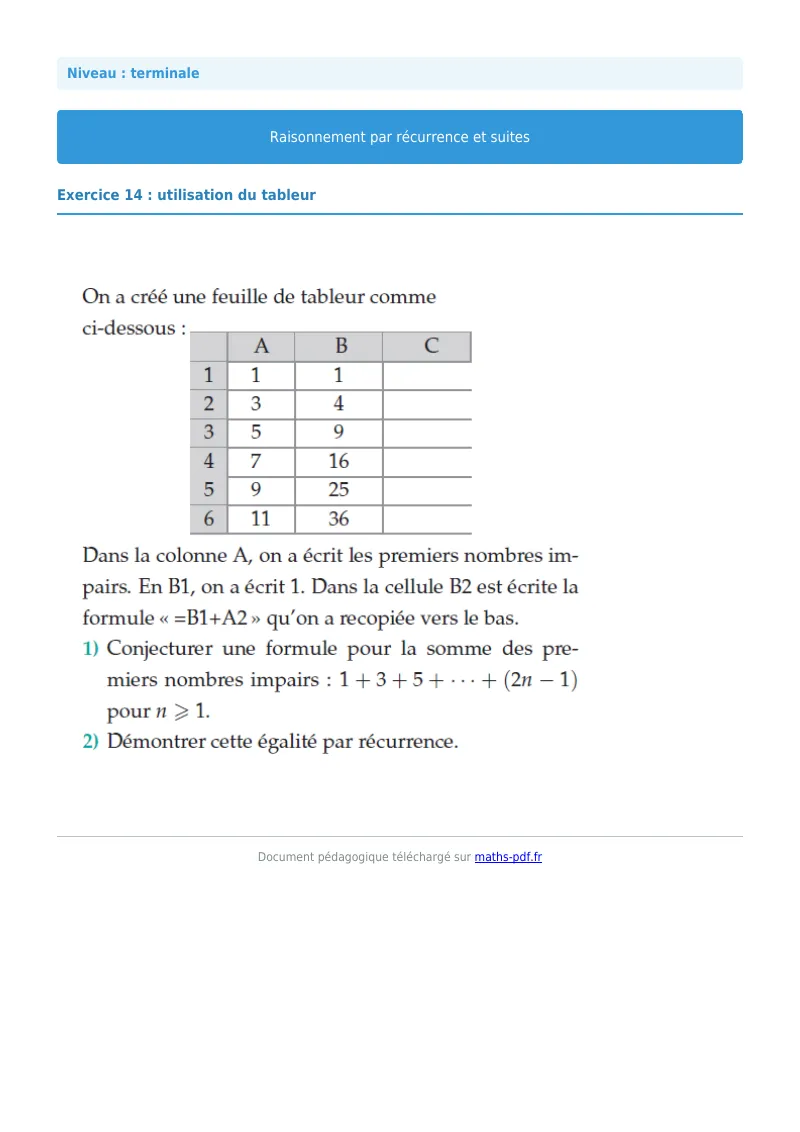 Raisonnement par récurrence : exercice n°14 de maths en terminale corrigé en PDF