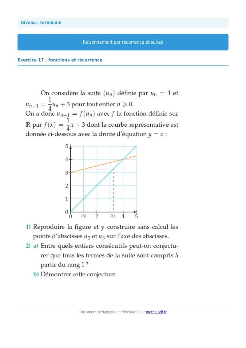 Raisonnement par récurrence : exercice n°17 de maths en terminale corrigé en PDF