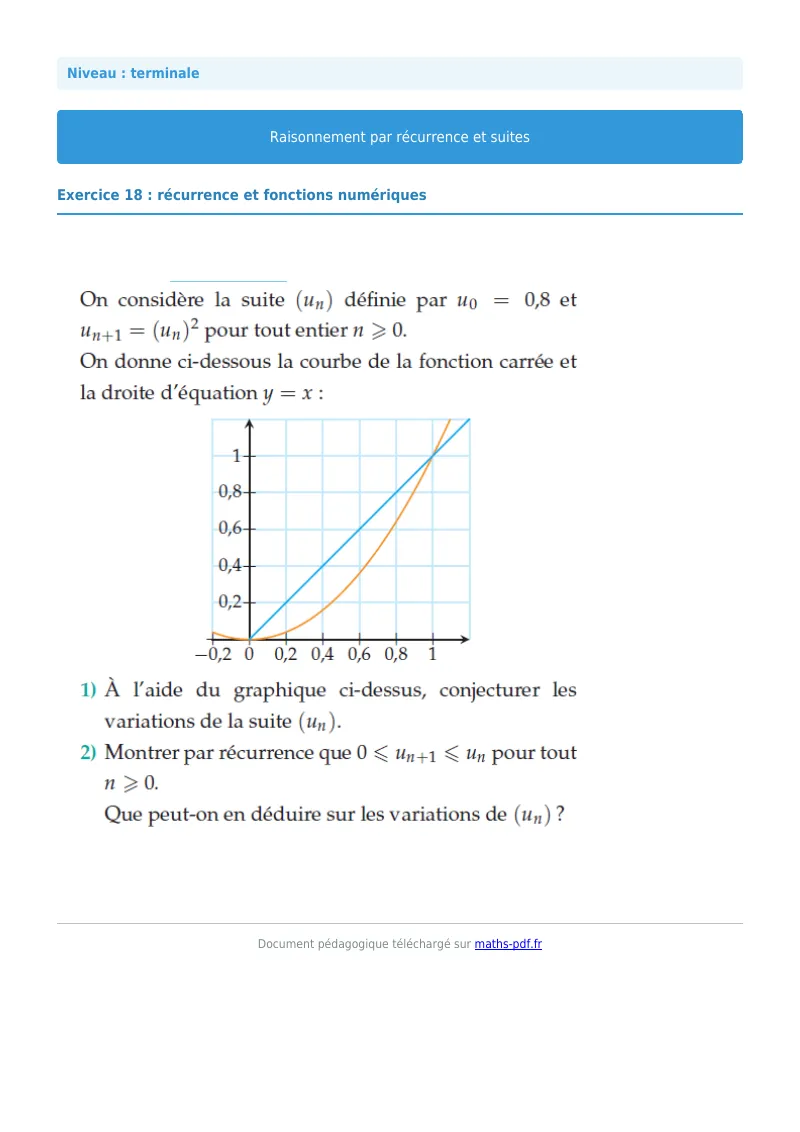 Raisonnement par récurrence : exercice n°18 de maths en terminale corrigé en PDF