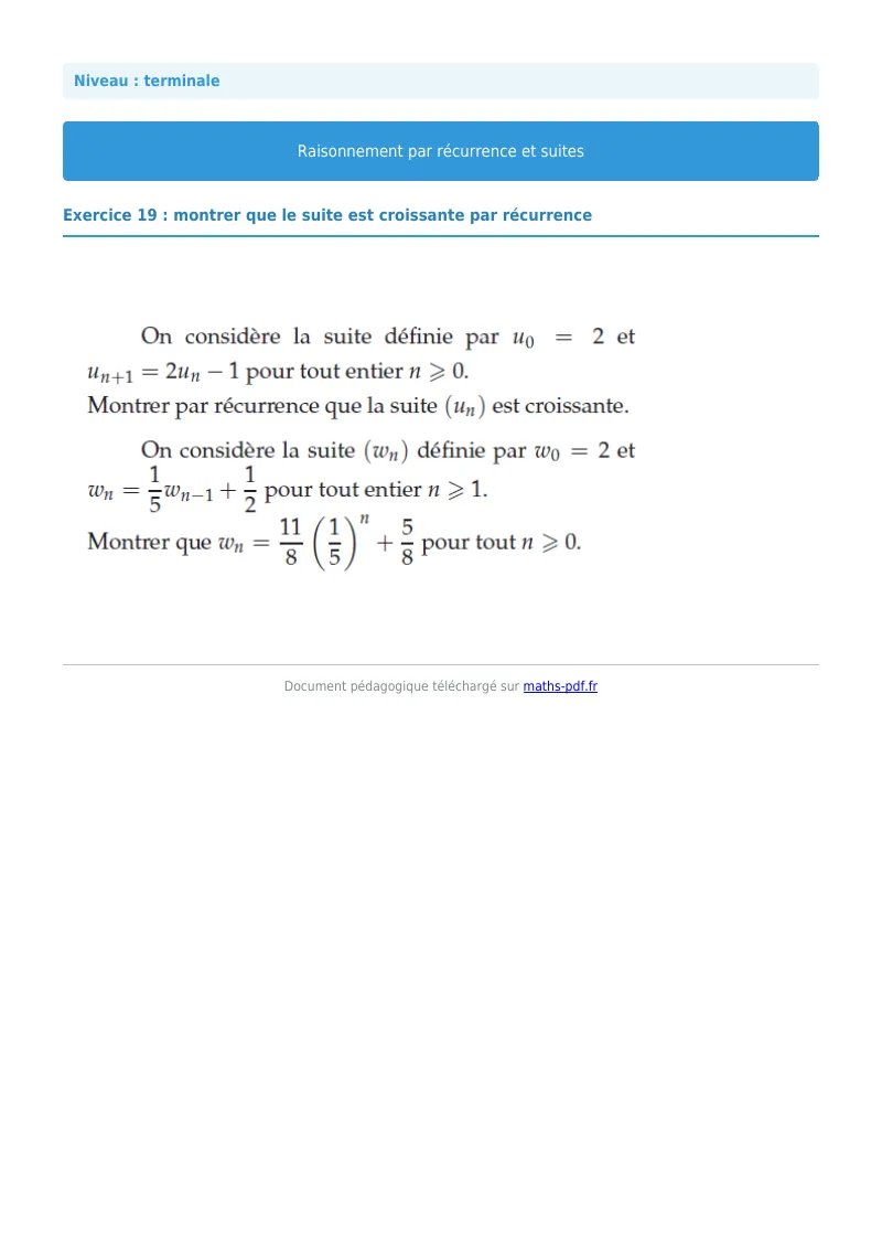 Raisonnement par récurrence : exercice n°19 de maths en terminale corrigé en PDF
