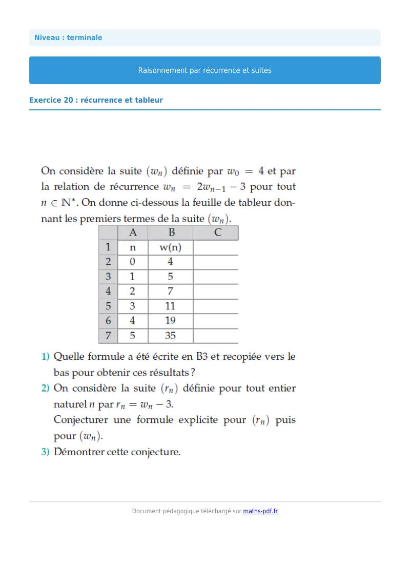 Raisonnement par récurrence : exercice n°20 de maths en terminale corrigé en PDF