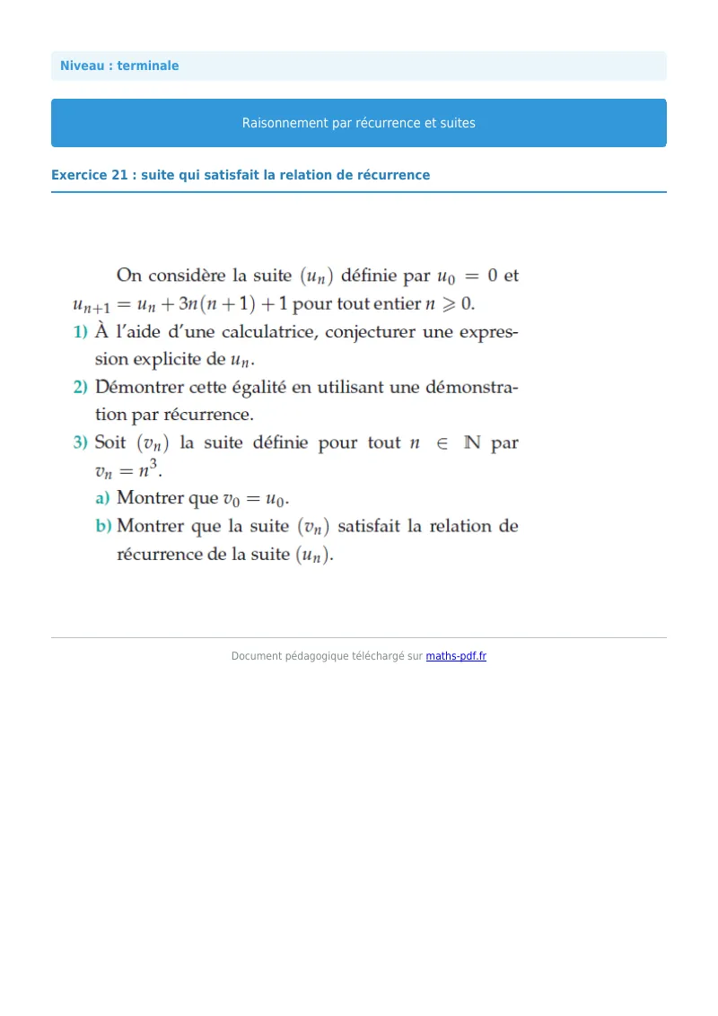 Raisonnement par récurrence : exercice n°21 de maths en terminale corrigé en PDF