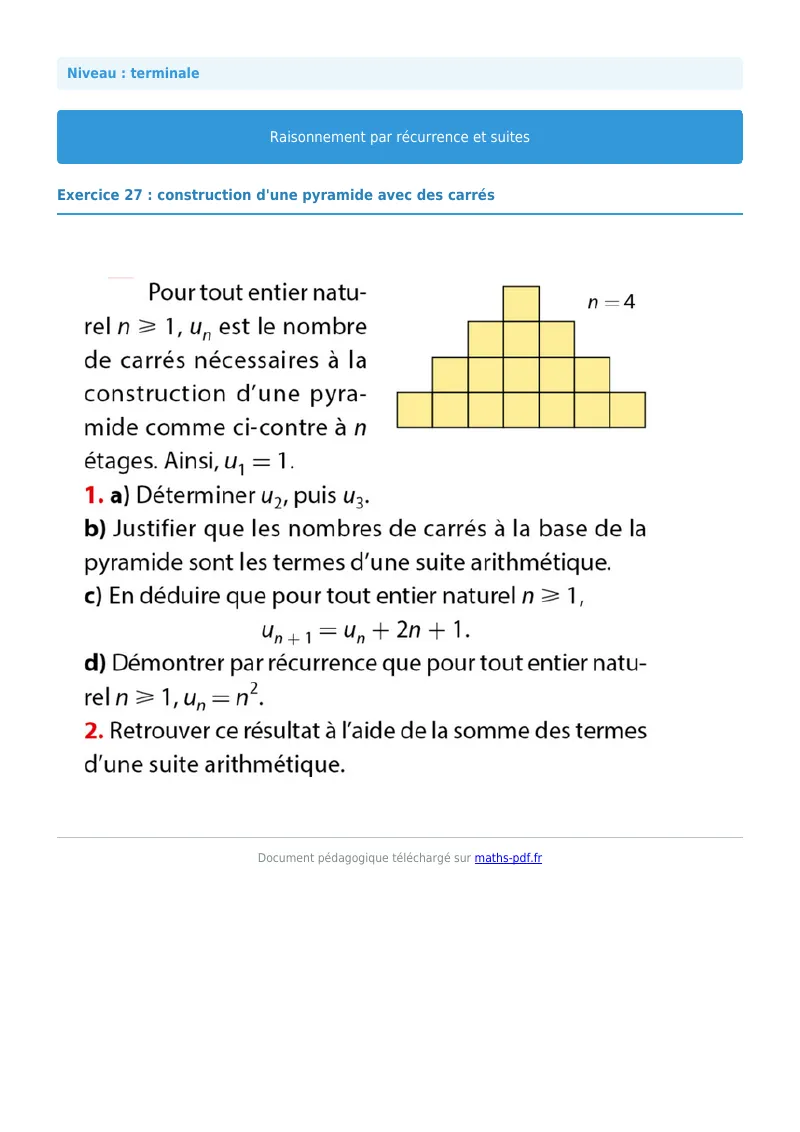 Raisonnement par récurrence : exercice n°27 de maths en terminale corrigé en PDF