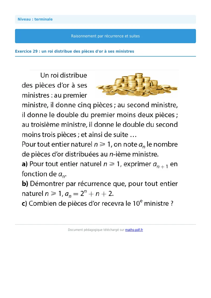 Raisonnement par récurrence : exercice n°29 de maths en terminale corrigé en PDF