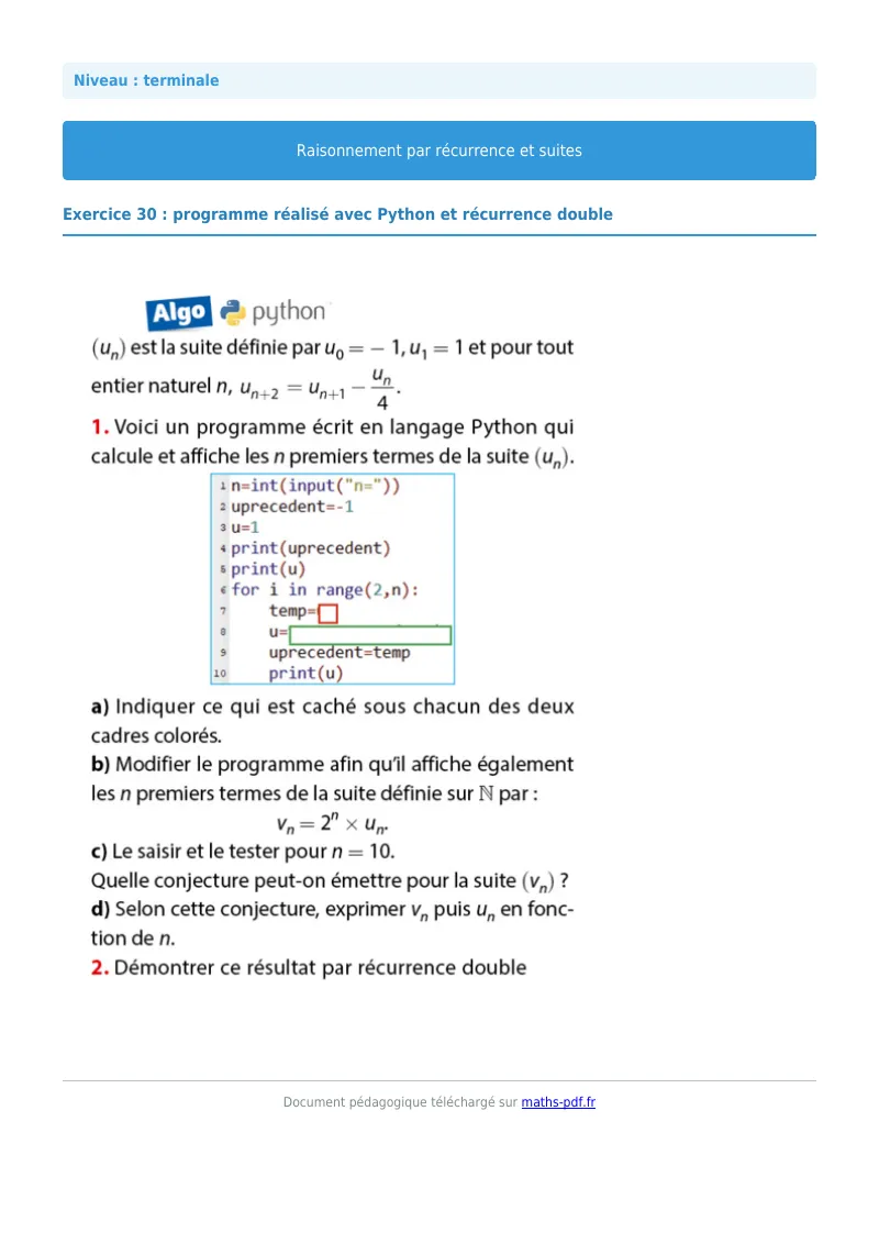 Raisonnement par récurrence : exercice n°30 de maths en terminale corrigé en PDF