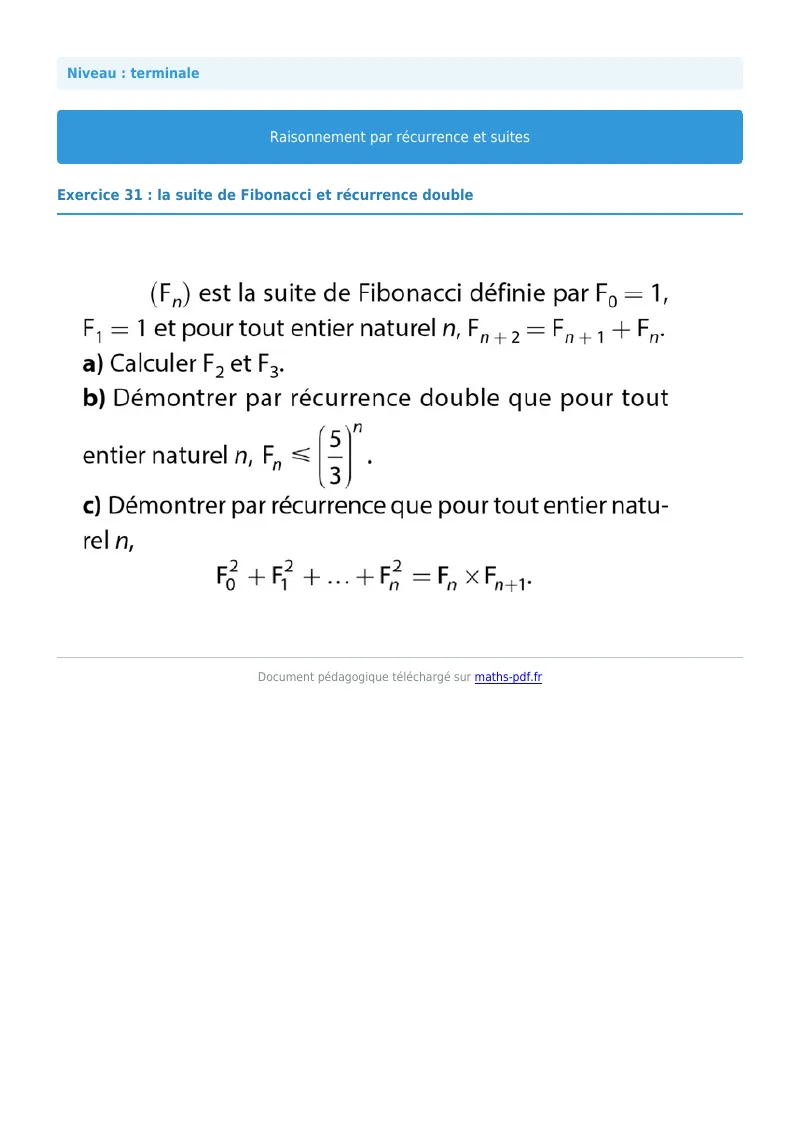 Raisonnement par récurrence : exercice n°31 de maths en terminale corrigé en PDF